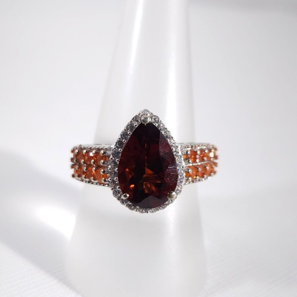 Brazilian Red Citrine Pear and Fire Opal Ring Size 8